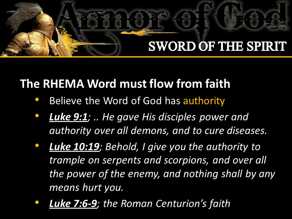 The RHEMA Word must flow from faith Believe the Word of God has authority Luke 9:1;..