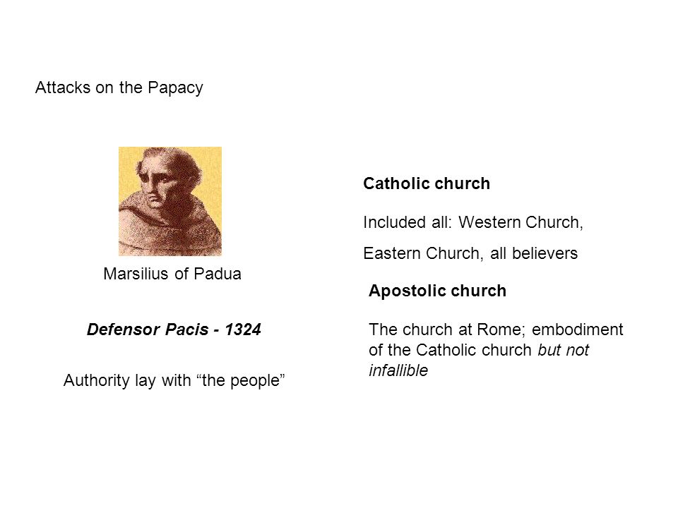 Attacks on the Papacy Marsilius of Padua Defensor Pacis Authority lay with the people Catholic church Apostolic church Included all: Western Church, Eastern Church, all believers The church at Rome; embodiment of the Catholic church but not infallible