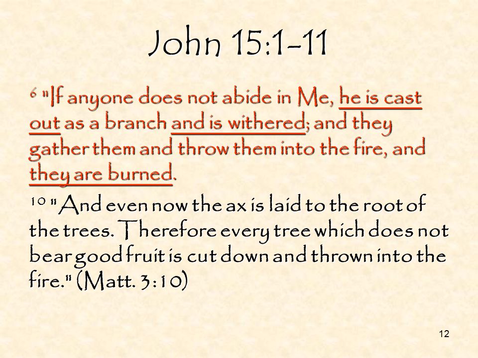 12 John 15: If anyone does not abide in Me, he is cast out as a branch and is withered; and they gather them and throw them into the fire, and they are burned.