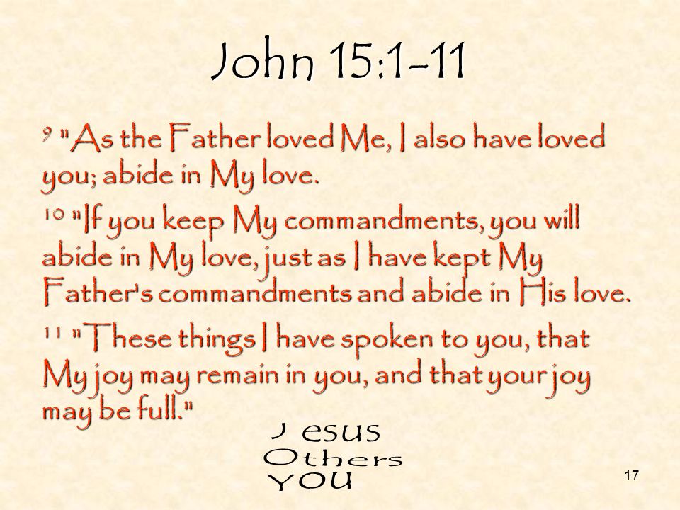 17 John 15: As the Father loved Me, I also have loved you; abide in My love.