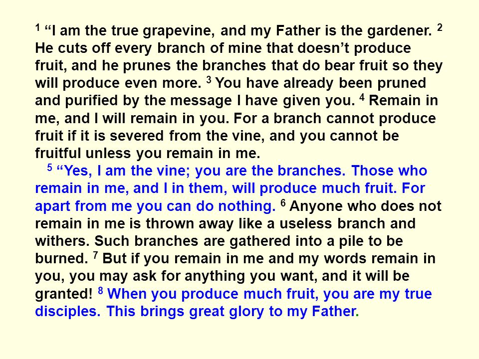 1 I am the true grapevine, and my Father is the gardener.