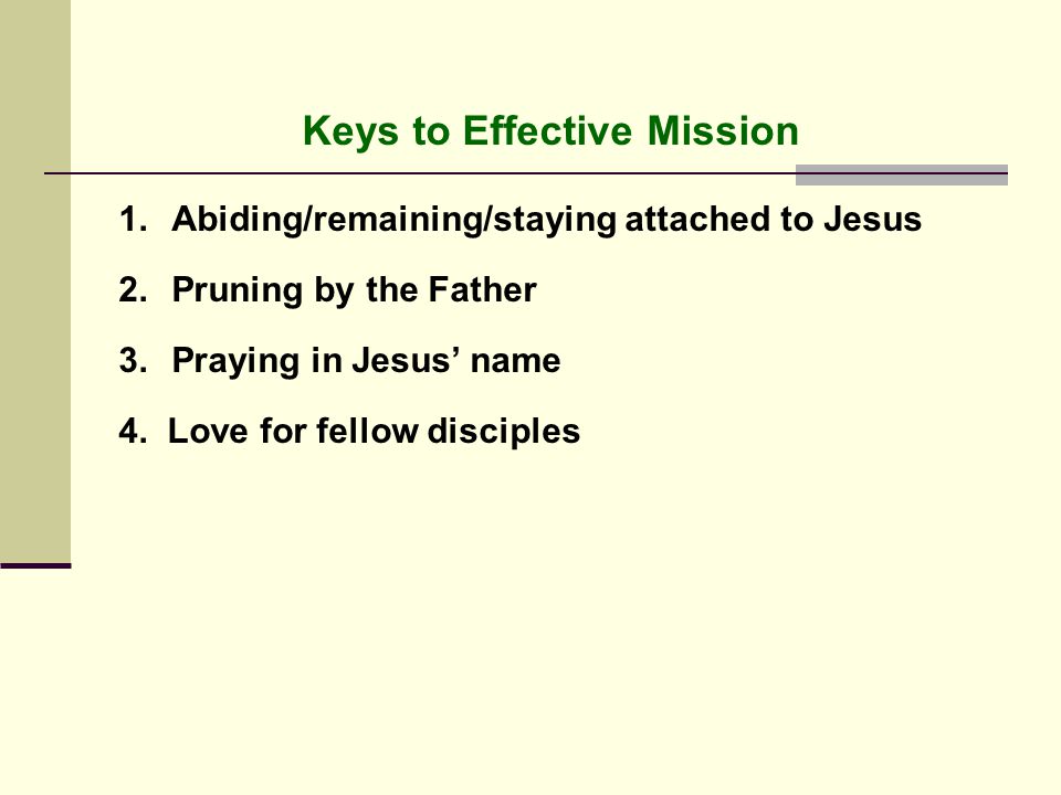 Keys to Effective Mission 1.Abiding/remaining/staying attached to Jesus 2.Pruning by the Father 3.Praying in Jesus’ name 4.