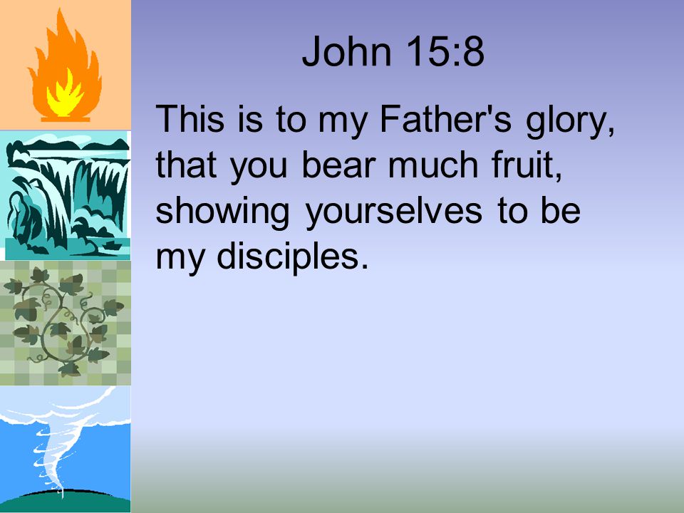John 15:8 This is to my Father s glory, that you bear much fruit, showing yourselves to be my disciples.