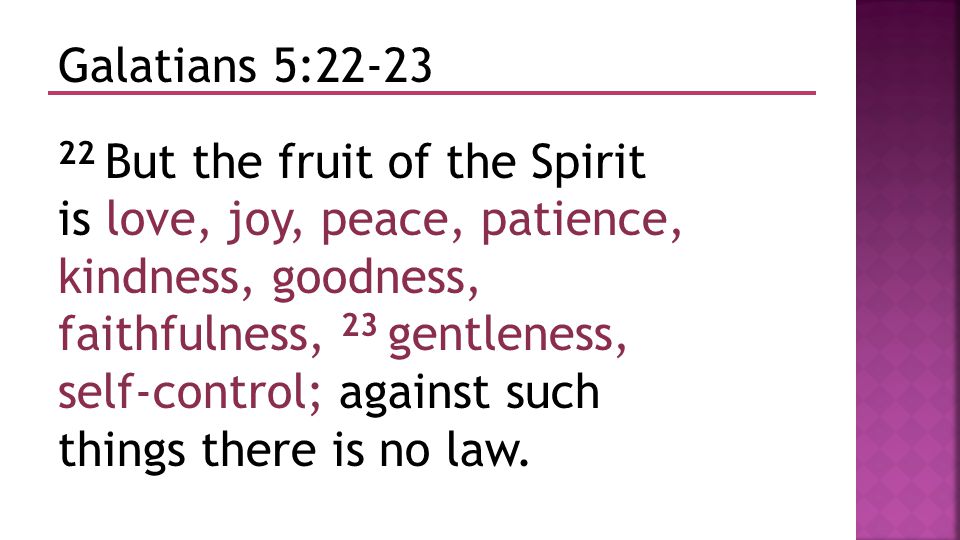 Galatians 5: But the fruit of the Spirit is love, joy, peace, patience, kindness, goodness, faithfulness, 23 gentleness, self-control; against such things there is no law.
