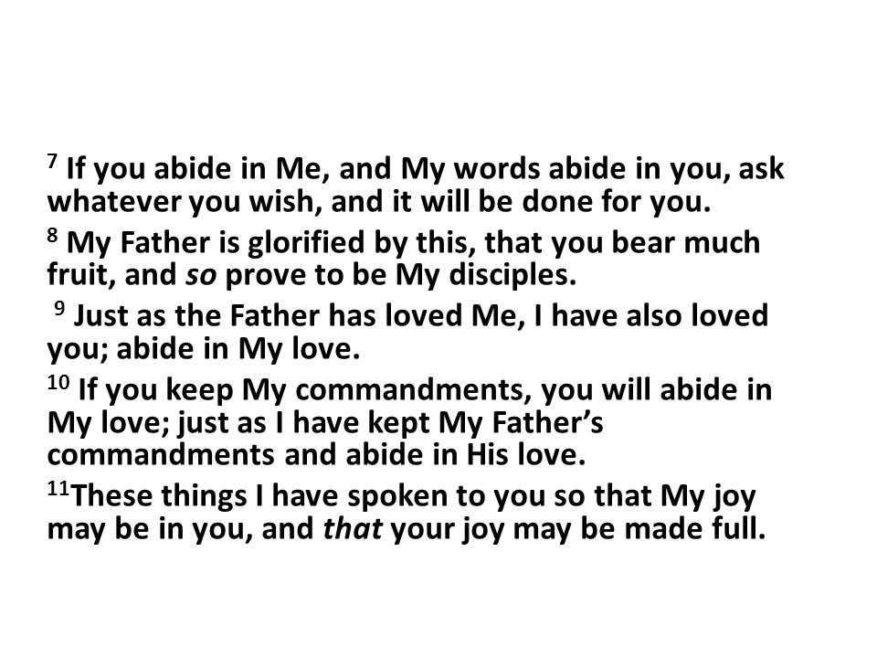 7 If you abide in Me, and My words abide in you, ask whatever you wish, and it will be done for you.
