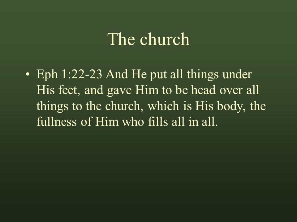 The church Eph 1:22-23 And He put all things under His feet, and gave Him to be head over all things to the church, which is His body, the fullness of Him who fills all in all.