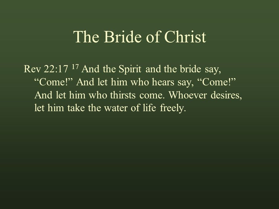 The Bride of Christ Rev 22:17 17 And the Spirit and the bride say, Come! And let him who hears say, Come! And let him who thirsts come.
