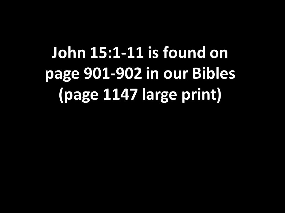 John 15:1-11 is found on page in our Bibles (page 1147 large print) John 15:1-11 is found on page in our Bibles (page 1147 large print)