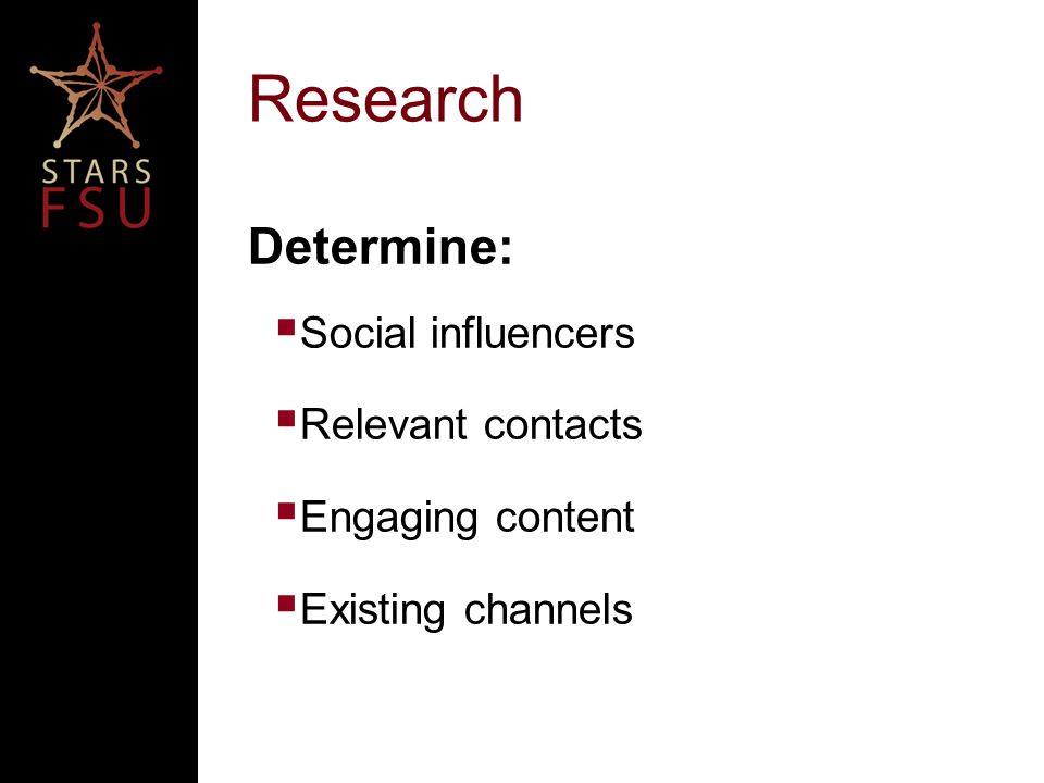 Research Determine:  Social influencers  Relevant contacts  Engaging content  Existing channels