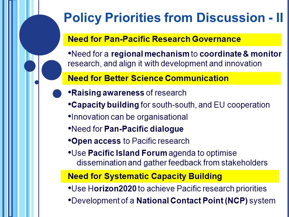 Need for Pan-Pacific Research Governance Need for a regional mechanism to coordinate & monitor research, and align it with development and innovation Need for Better Science Communication Raising awareness of research Capacity building for south-south, and EU cooperation Innovation can be organisational Need for Pan-Pacific dialogue Open access to Pacific research Use Pacific Island Forum agenda to optimise dissemination and gather feedback from stakeholders Need for Systematic Capacity Building Use Horizon2020 to achieve Pacific research priorities Development of a National Contact Point (NCP) system Policy Priorities from Discussion - II