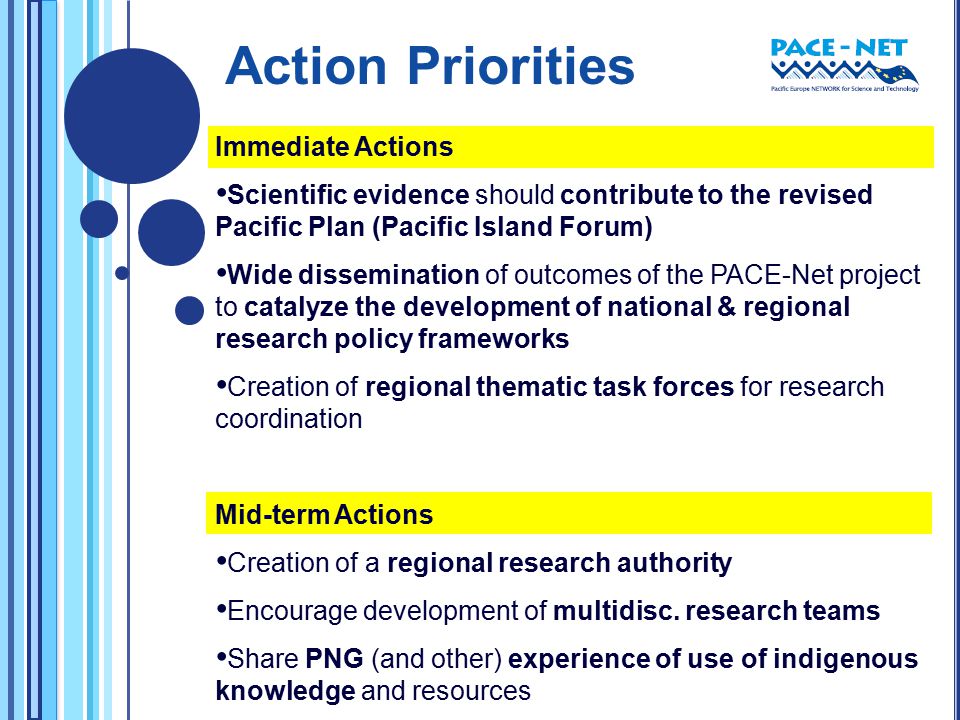 Immediate Actions Scientific evidence should contribute to the revised Pacific Plan (Pacific Island Forum) Wide dissemination of outcomes of the PACE-Net project to catalyze the development of national & regional research policy frameworks Creation of regional thematic task forces for research coordination Mid-term Actions Creation of a regional research authority Encourage development of multidisc.