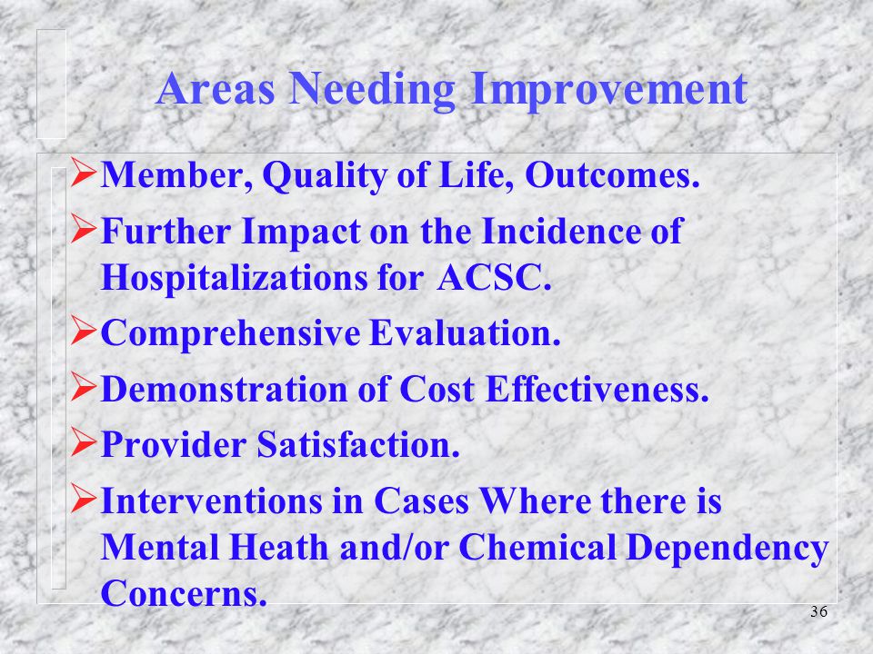 36 Areas Needing Improvement  Member, Quality of Life, Outcomes.