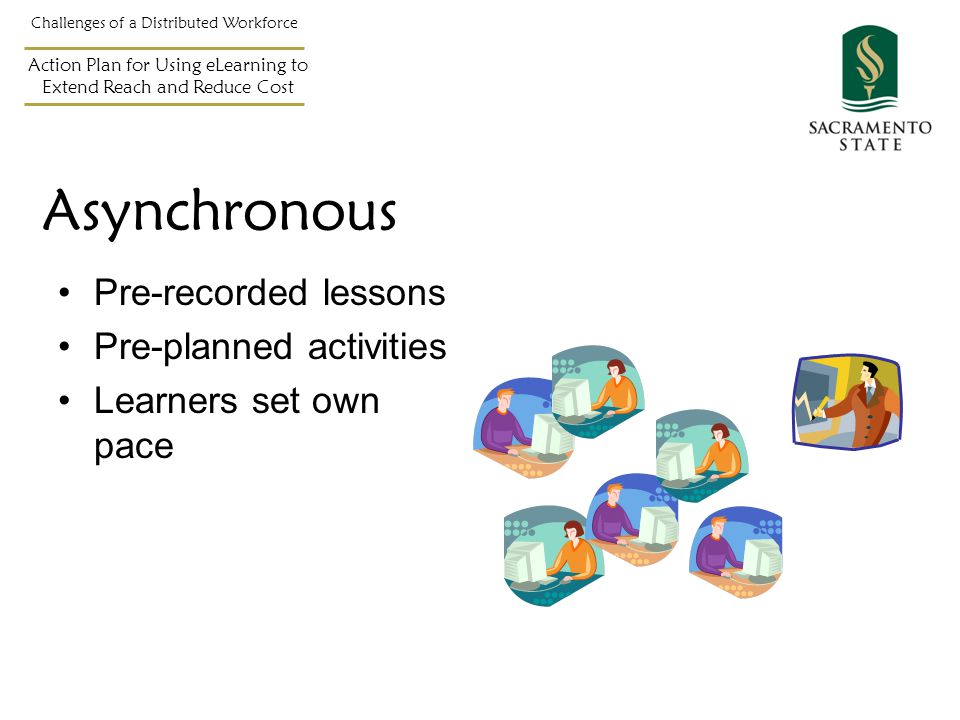 Asynchronous Challenges of a Distributed Workforce Action Plan for Using eLearning to Extend Reach and Reduce Cost Pre-recorded lessons Pre-planned activities Learners set own pace