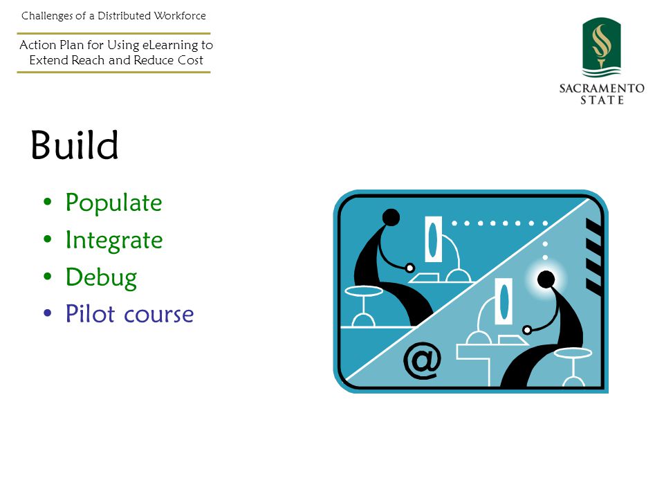 Populate Integrate Debug Pilot course Challenges of a Distributed Workforce Action Plan for Using eLearning to Extend Reach and Reduce Cost Build