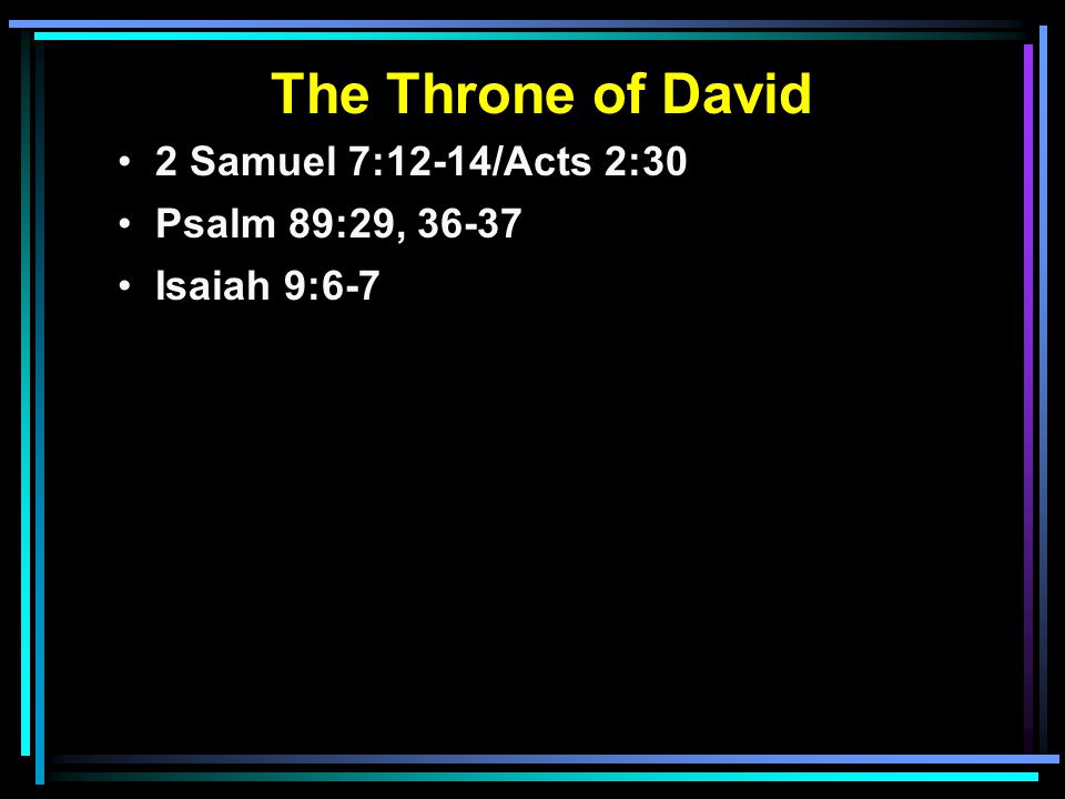 The Throne of David 2 Samuel 7:12-14/Acts 2:30 Psalm 89:29, Isaiah 9:6-7