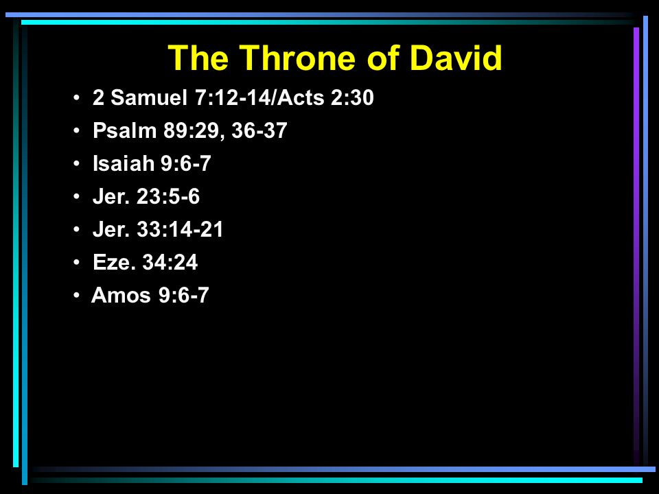 The Throne of David 2 Samuel 7:12-14/Acts 2:30 Psalm 89:29, Isaiah 9:6-7 Jer.