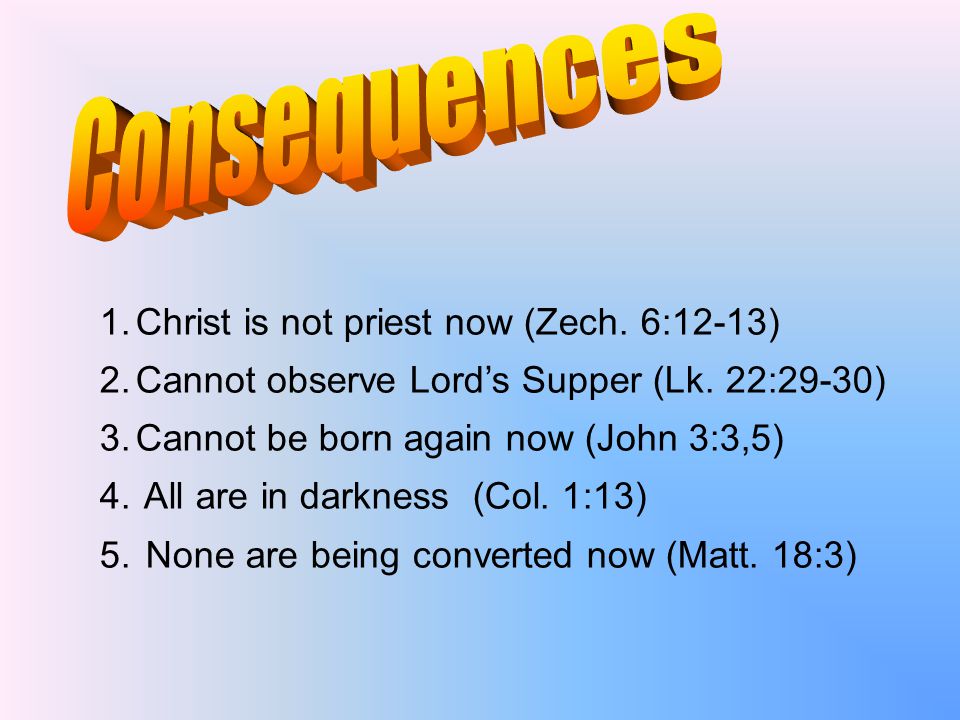 1.Christ is not priest now (Zech. 6:12-13) 2.Cannot observe Lord’s Supper (Lk.