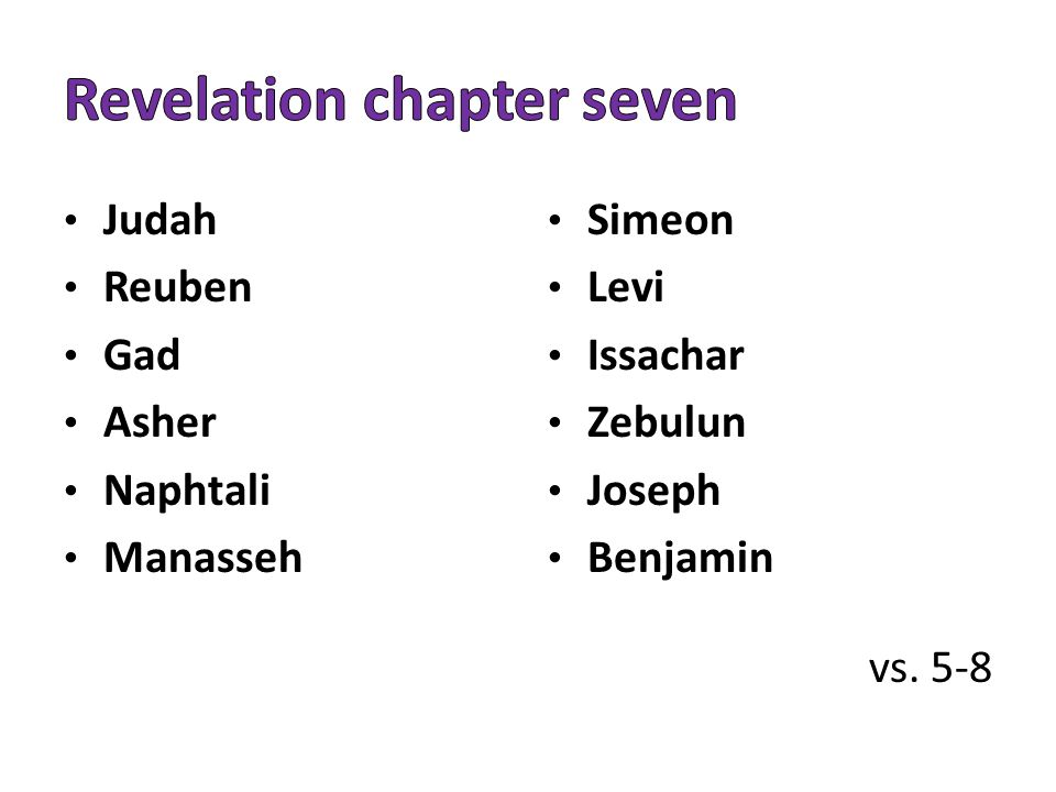 Judah Reuben Gad Asher Naphtali Manasseh Simeon Levi Issachar Zebulun Joseph Benjamin vs. 5-8
