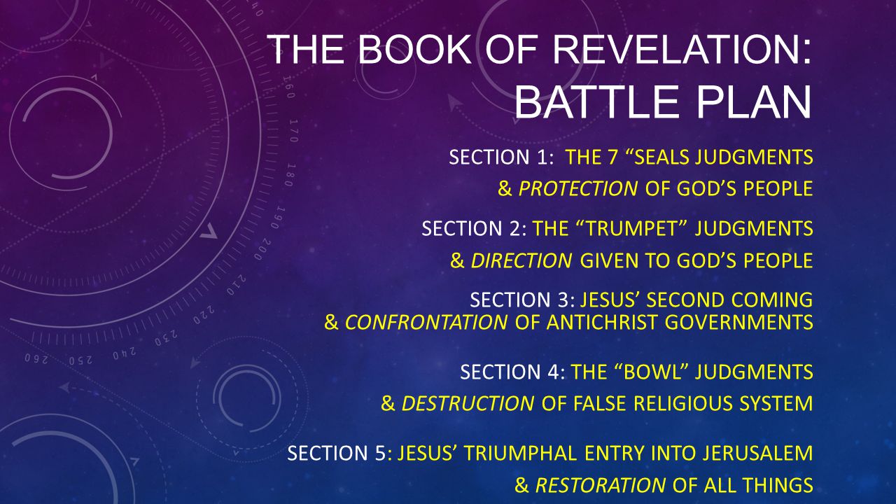 THE BOOK OF REVELATION : BATTLE PLAN SECTION 1: THE 7 SEALS JUDGMENTS & PROTECTION OF GOD’S PEOPLE SECTION 2: THE TRUMPET JUDGMENTS & DIRECTION GIVEN TO GOD’S PEOPLE SECTION 3: JESUS’ SECOND COMING & CONFRONTATION OF ANTICHRIST GOVERNMENTS SECTION 4: THE BOWL JUDGMENTS & DESTRUCTION OF FALSE RELIGIOUS SYSTEM SECTION 5: JESUS’ TRIUMPHAL ENTRY INTO JERUSALEM & RESTORATION OF ALL THINGS