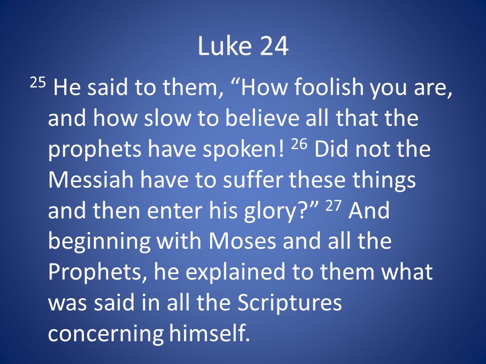 Luke He said to them, How foolish you are, and how slow to believe all that the prophets have spoken.