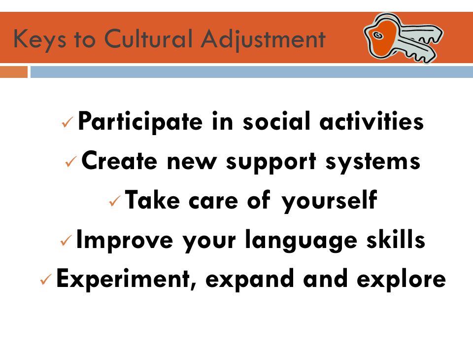 Keys to Cultural Adjustment Participate in social activities Create new support systems Take care of yourself Improve your language skills Experiment, expand and explore