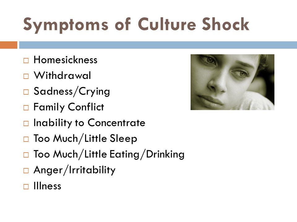 Symptoms of Culture Shock  Homesickness  Withdrawal  Sadness/Crying  Family Conflict  Inability to Concentrate  Too Much/Little Sleep  Too Much/Little Eating/Drinking  Anger/Irritability  Illness