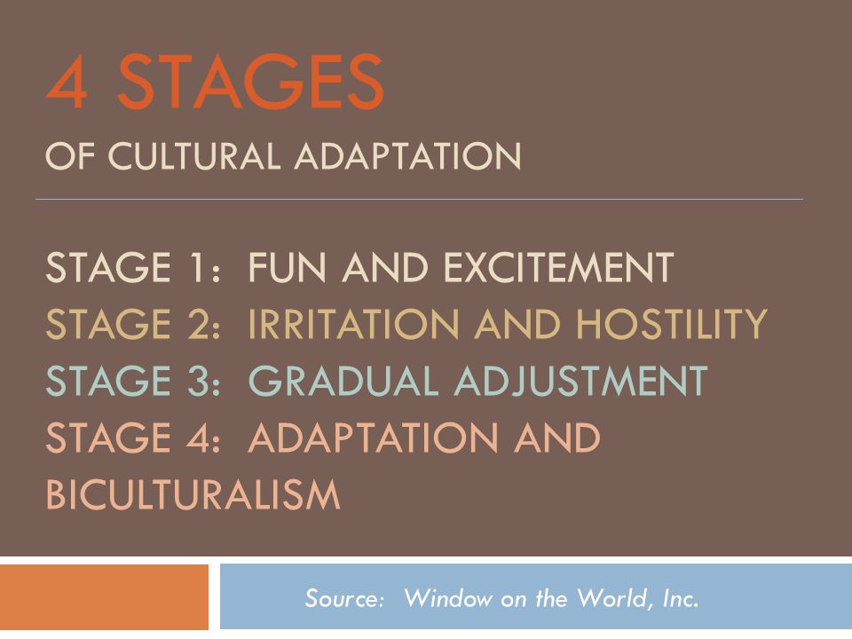 4 STAGES OF CULTURAL ADAPTATION STAGE 1: FUN AND EXCITEMENT STAGE 2: IRRITATION AND HOSTILITY STAGE 3: GRADUAL ADJUSTMENT STAGE 4: ADAPTATION AND BICULTURALISM Source: Window on the World, Inc.