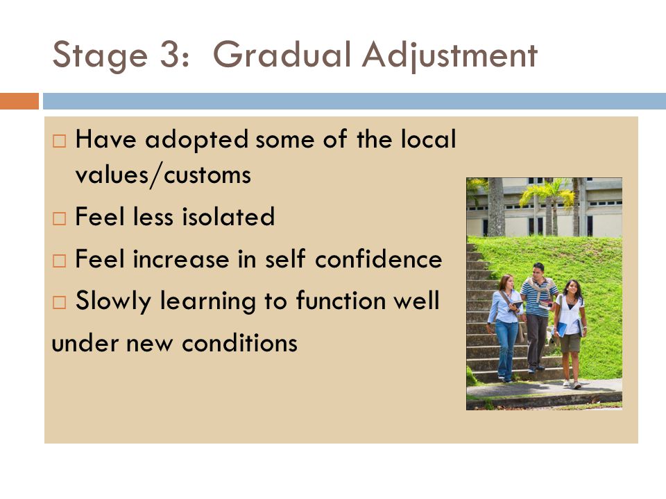Stage 3: Gradual Adjustment  Have adopted some of the local values/customs  Feel less isolated  Feel increase in self confidence  Slowly learning to function well under new conditions