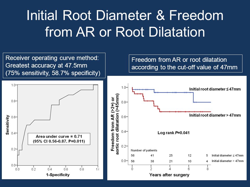 Initial Root Diameter & Freedom from AR or Root Dilatation Receiver operating curve method: Greatest accuracy at 47.5mm (75% sensitivity, 58.7% specificity) Freedom from AR or root dilatation according to the cut-off value of 47mm