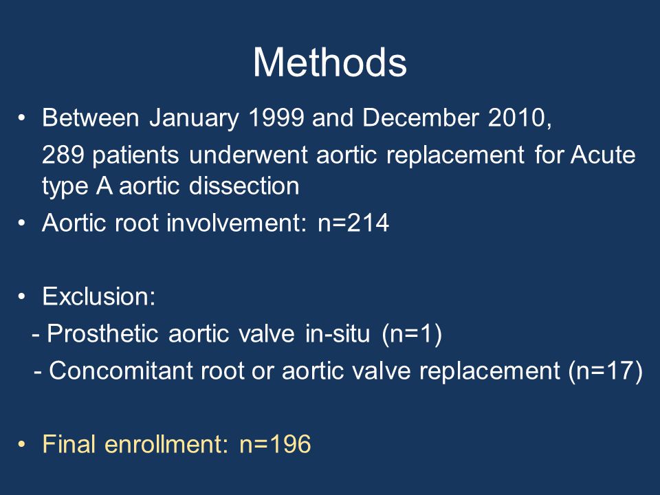 Methods Between January 1999 and December 2010, 289 patients underwent aortic replacement for Acute type A aortic dissection Aortic root involvement: n=214 Exclusion: - Prosthetic aortic valve in-situ (n=1) - Concomitant root or aortic valve replacement (n=17) Final enrollment: n=196