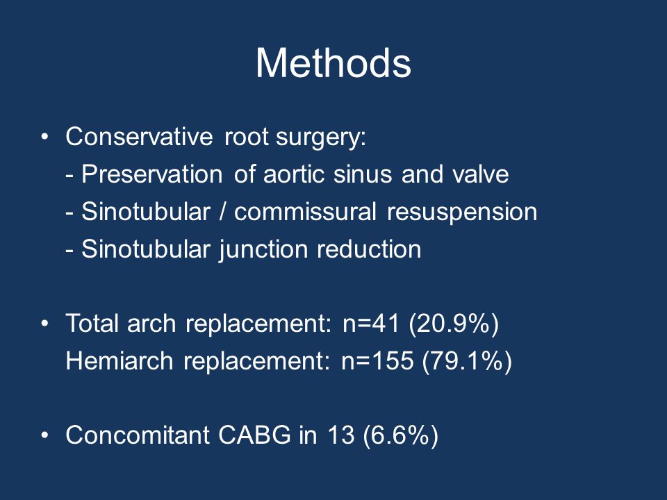 Methods Conservative root surgery: - Preservation of aortic sinus and valve - Sinotubular / commissural resuspension - Sinotubular junction reduction Total arch replacement: n=41 (20.9%) Hemiarch replacement: n=155 (79.1%) Concomitant CABG in 13 (6.6%)