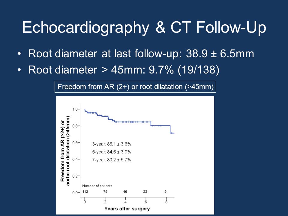 Echocardiography & CT Follow-Up Root diameter at last follow-up: 38.9 ± 6.5mm Root diameter > 45mm: 9.7% (19/138) Freedom from AR (2+) or root dilatation (>45mm)