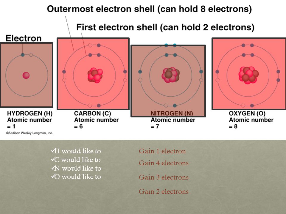 H would like to C would like to N would like to O would like to Gain 4 electrons Gain 1 electron Gain 3 electrons Gain 2 electrons