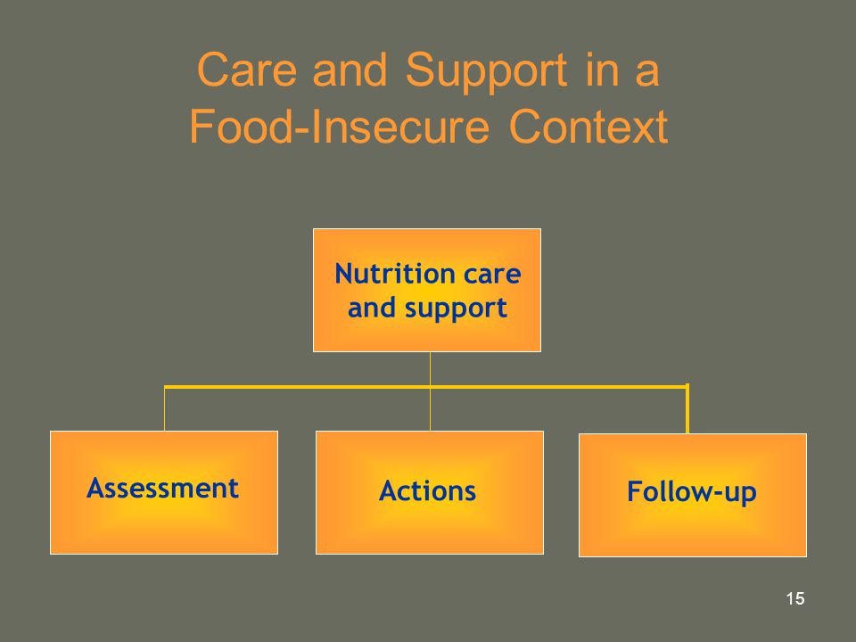 15 Care and Support in a Food-Insecure Context Follow-up Assessment Nutrition care and support Actions