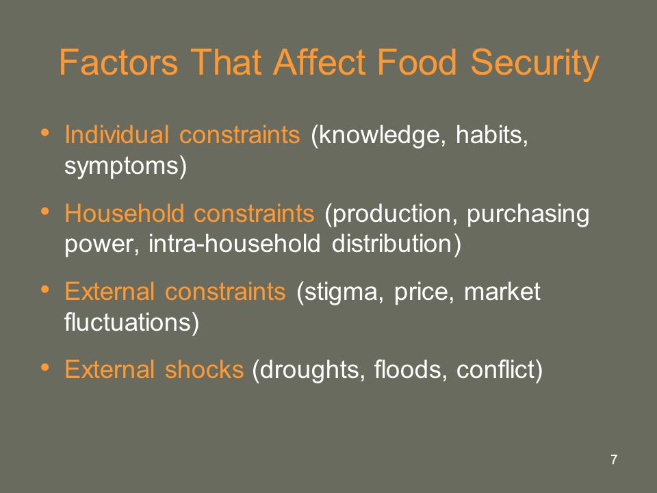 7 Factors That Affect Food Security Individual constraints (knowledge, habits, symptoms) Household constraints (production, purchasing power, intra-household distribution) External constraints (stigma, price, market fluctuations) External shocks (droughts, floods, conflict)