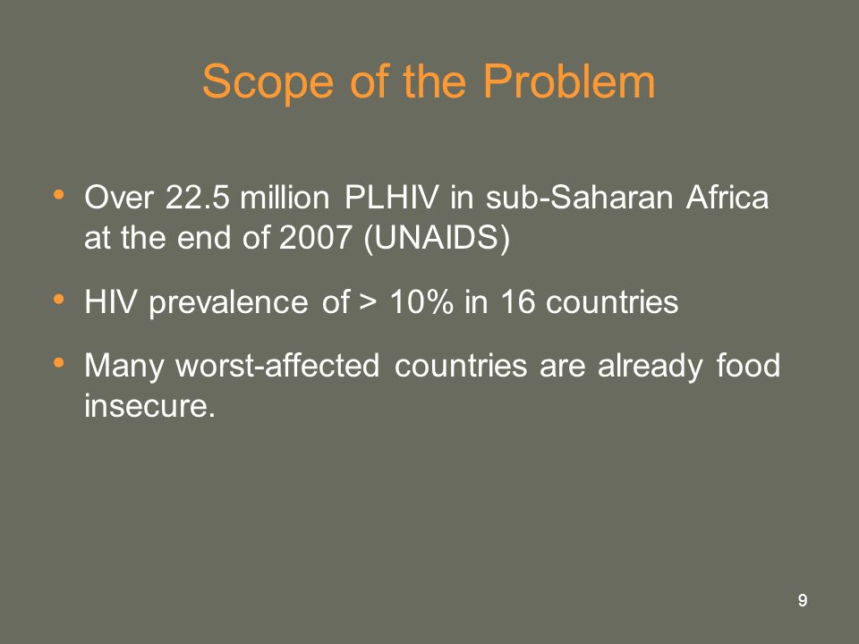 9 Scope of the Problem Over 22.5 million PLHIV in sub-Saharan Africa at the end of 2007 (UNAIDS) HIV prevalence of > 10% in 16 countries Many worst-affected countries are already food insecure.