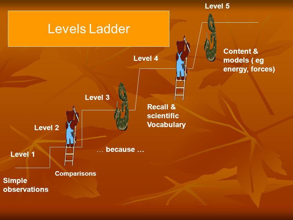 Level 1 Level 2 Level 3 Level 4 Level 5 Levels Ladder Simple observations Comparisons … because … Recall & scientific Vocabulary Content & models ( eg energy, forces)
