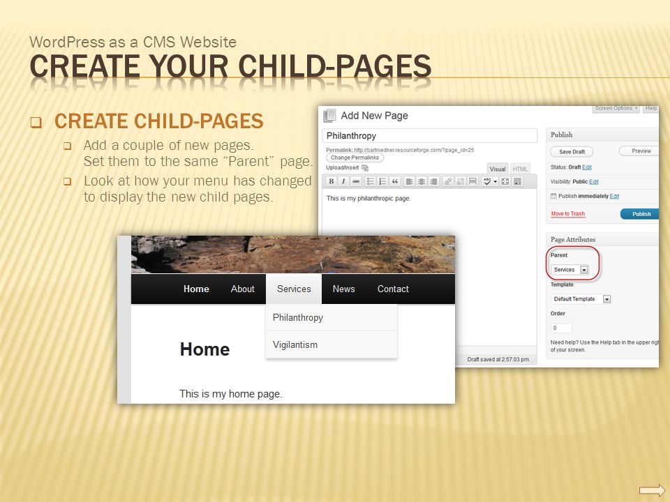 WordPress as a CMS Website  CREATE CHILD-PAGES  Add a couple of new pages.