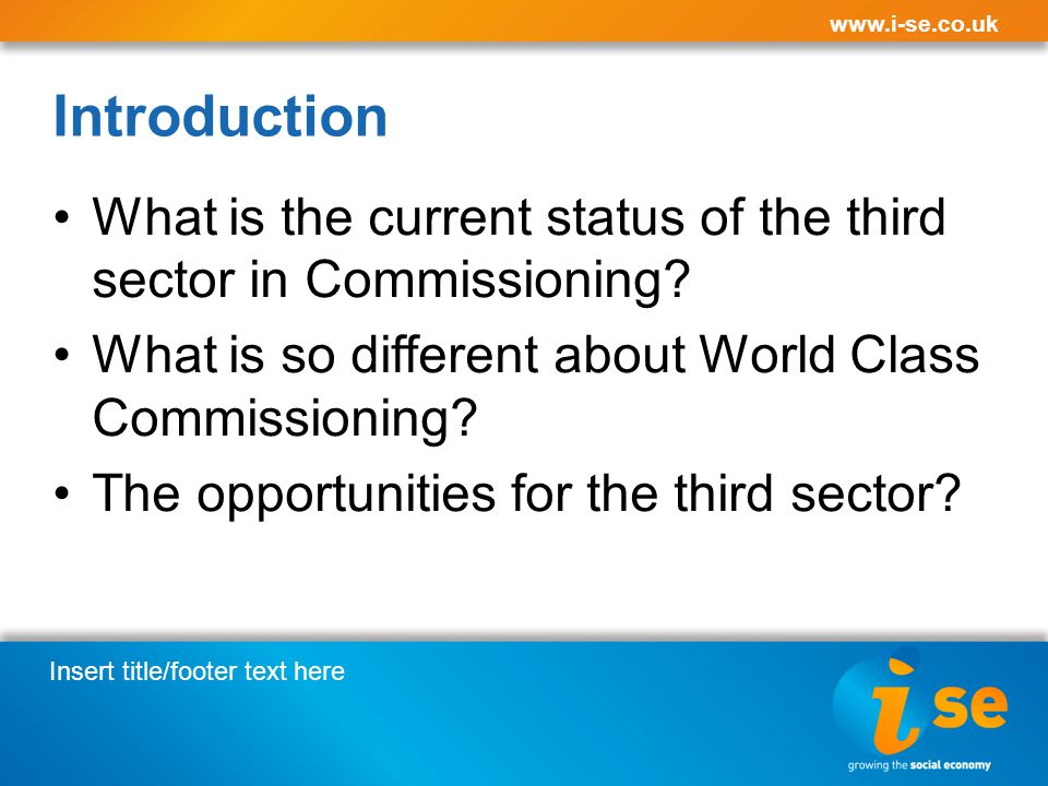 Insert title/footer text here   Introduction What is the current status of the third sector in Commissioning.