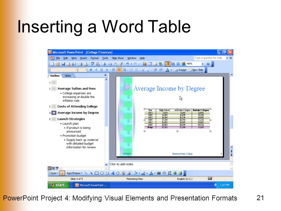 PowerPoint Project 4: Modifying Visual Elements and Presentation Formats 21 Inserting a Word Table