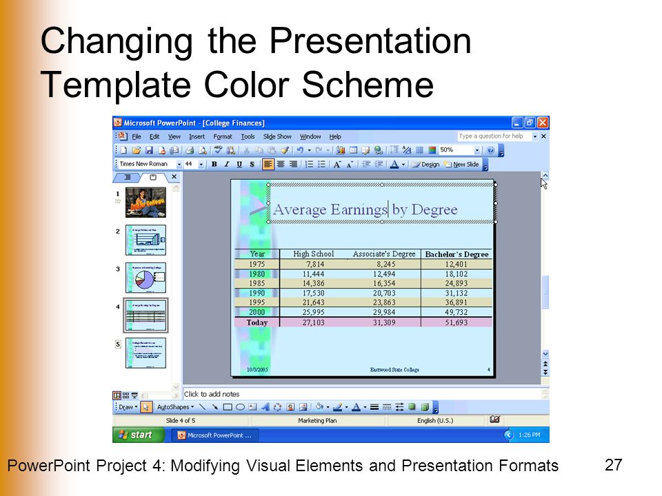 PowerPoint Project 4: Modifying Visual Elements and Presentation Formats 27 Changing the Presentation Template Color Scheme