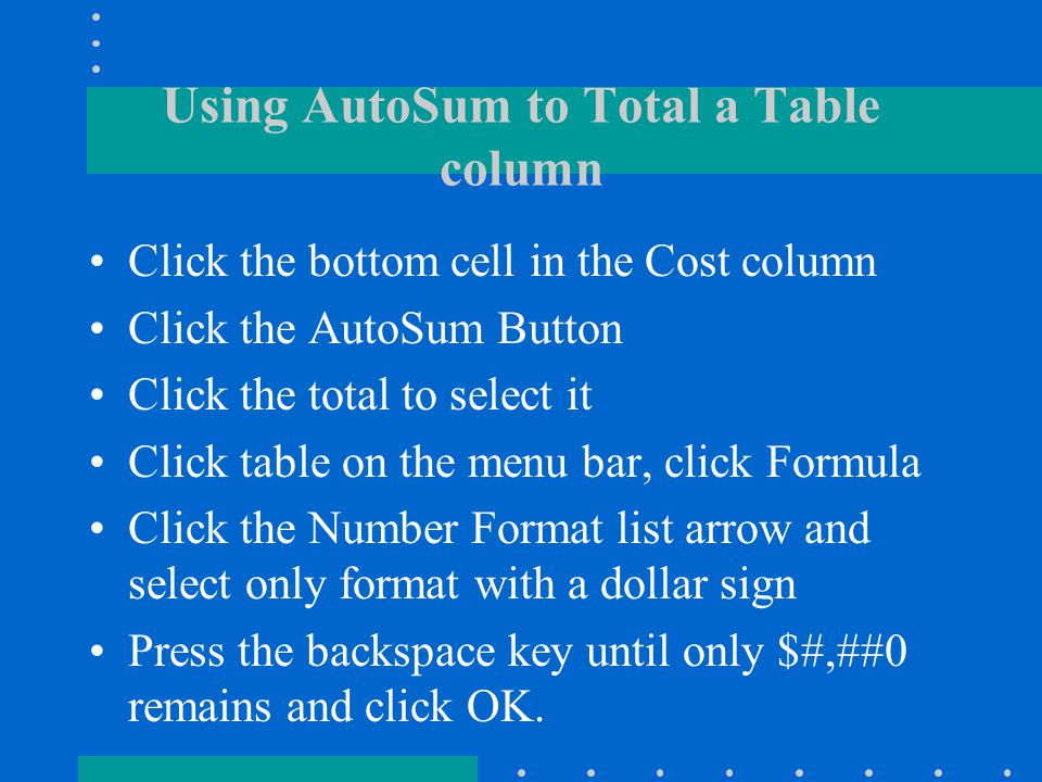 Inserting Additional Rows and Merging cells Click cell D4, press the tab key, a blank row is added to the bottom of the cell Select the cells you want to merge, and then click the merge cells button on the Tables and Borders toolbar Move the insertion point to the cell you want to split, click table on the menu bar and then click the Split cells button.