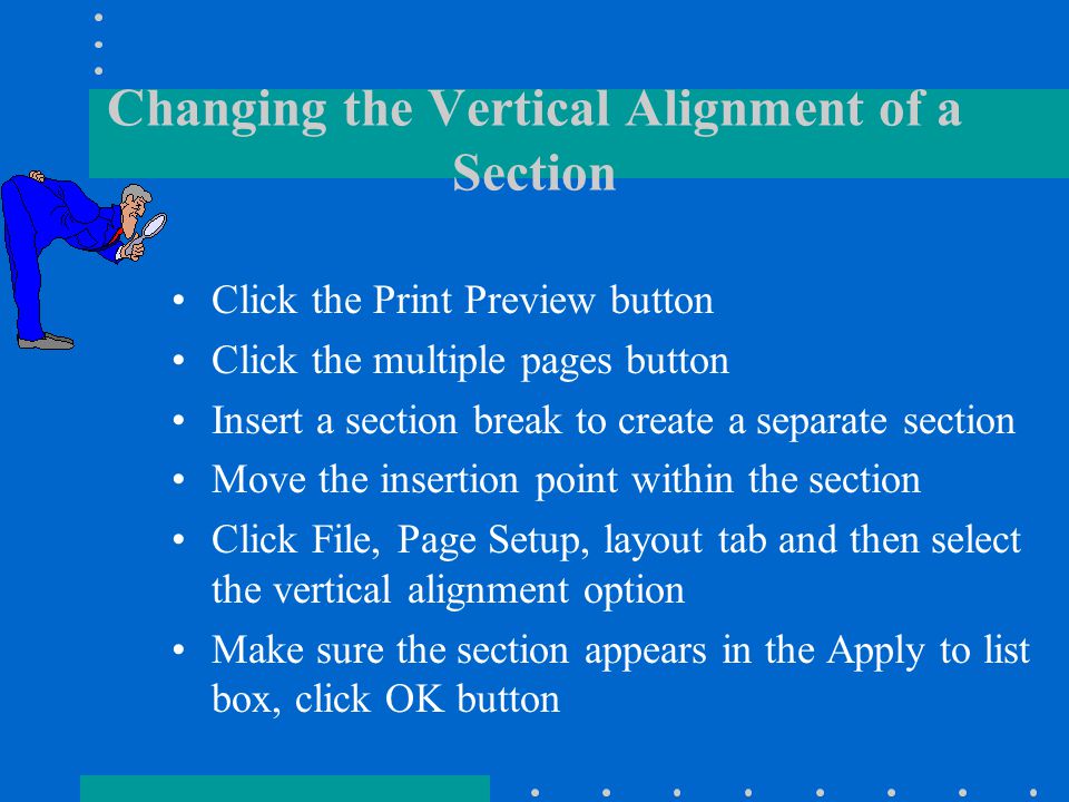 Formatting the Document in Sections To insert a section break after the title, position the insertion point immediately to the left of the heading Click Insert on the menu bar Click the next page option and click OK - a double dotted line appears indicating that a new line is inserted