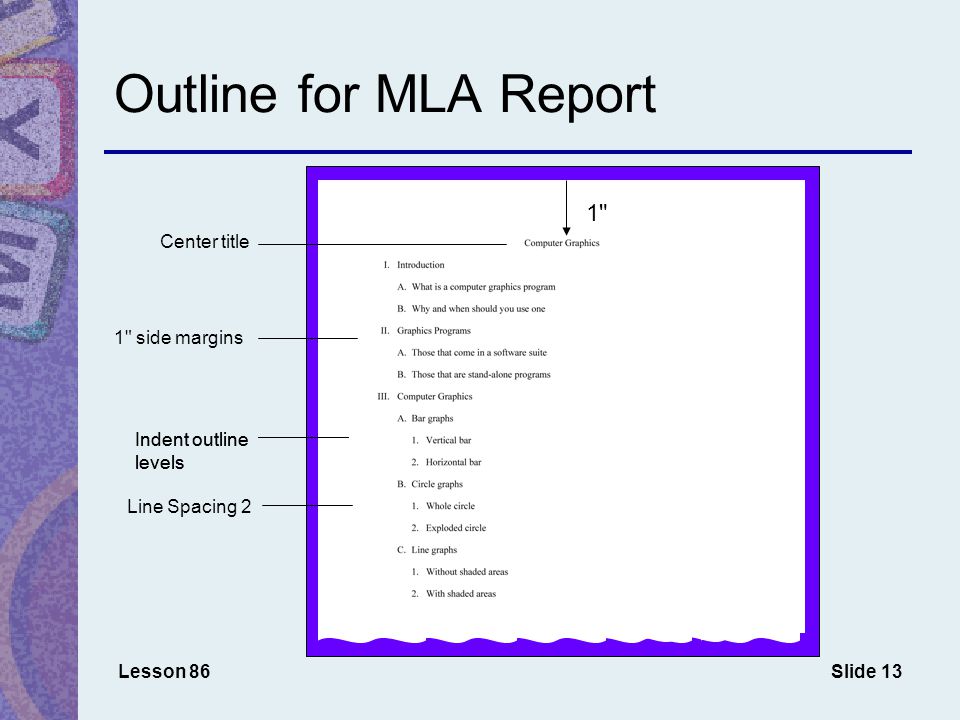 Slide 13 Outline for MLA Report Lesson 86 1 side margins Center title Indent outline levels 1 1 Line Spacing 2