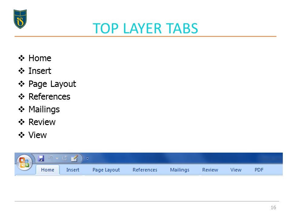  Home  Insert  Page Layout  References  Mailings  Review  View TOP LAYER TABS 16