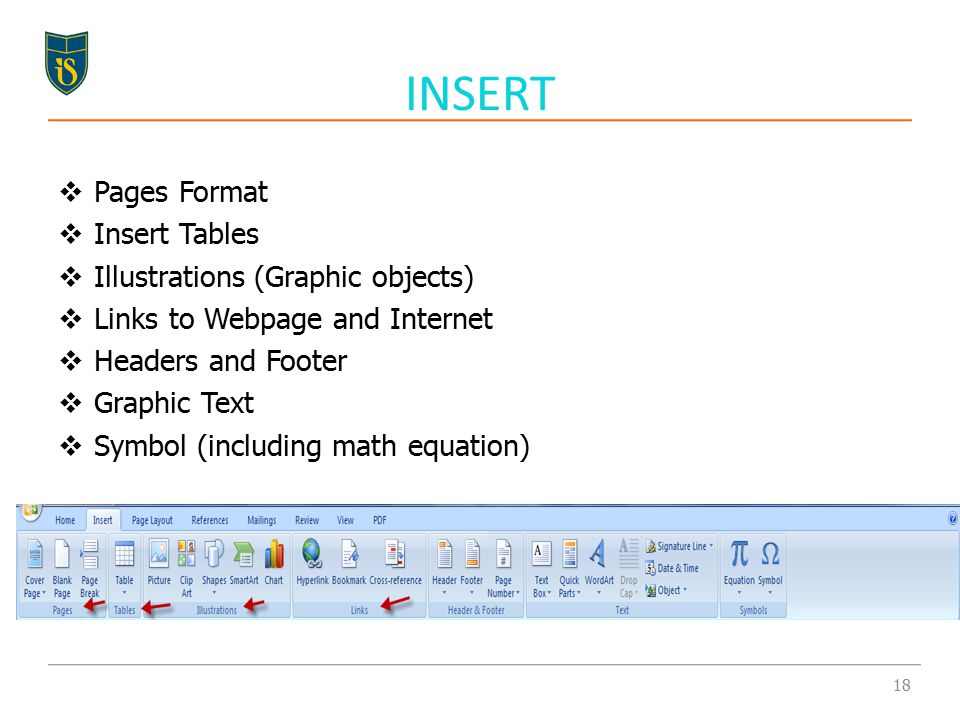  Pages Format  Insert Tables  Illustrations (Graphic objects)  Links to Webpage and Internet  Headers and Footer  Graphic Text  Symbol (including math equation) INSERT 18
