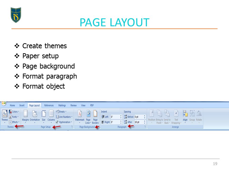  Create themes  Paper setup  Page background  Format paragraph  Format object PAGE LAYOUT 19