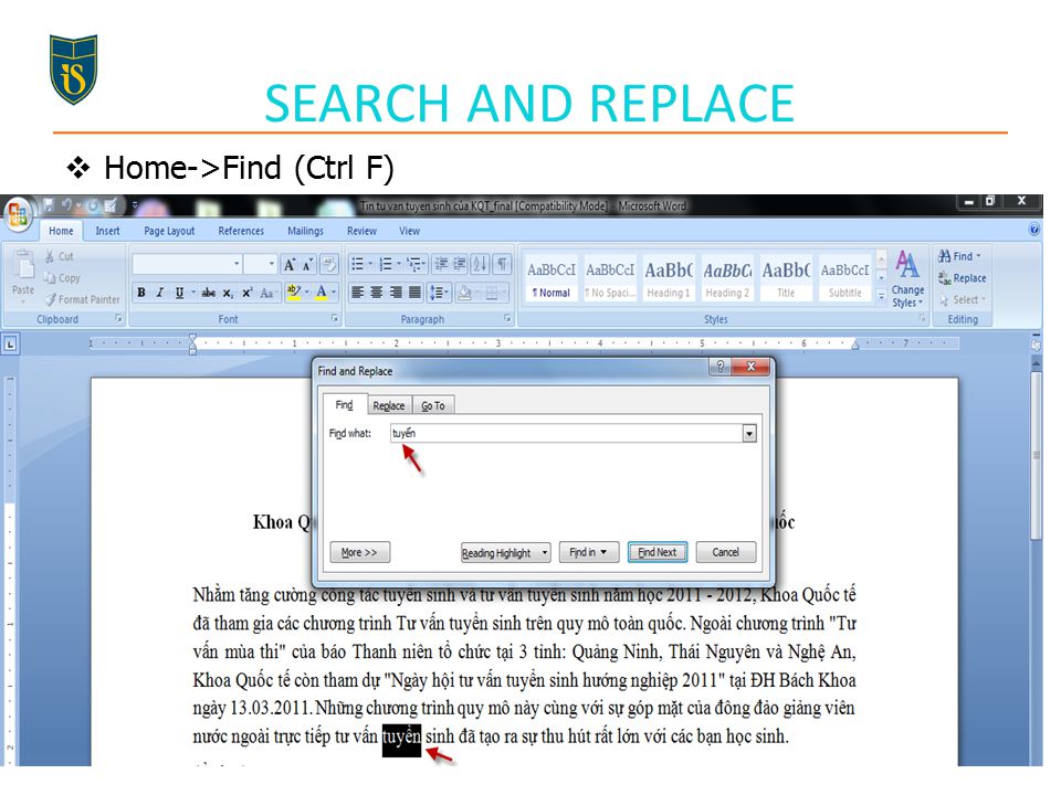  Home->Find (Ctrl F) SEARCH AND REPLACE 38