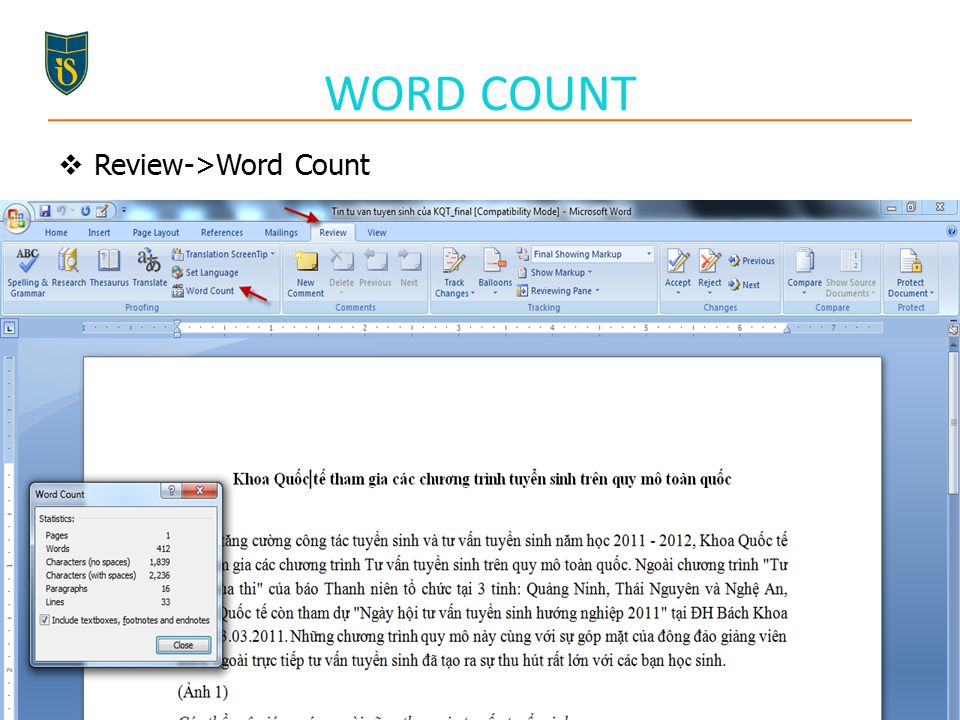 Review->Word Count WORD COUNT 40