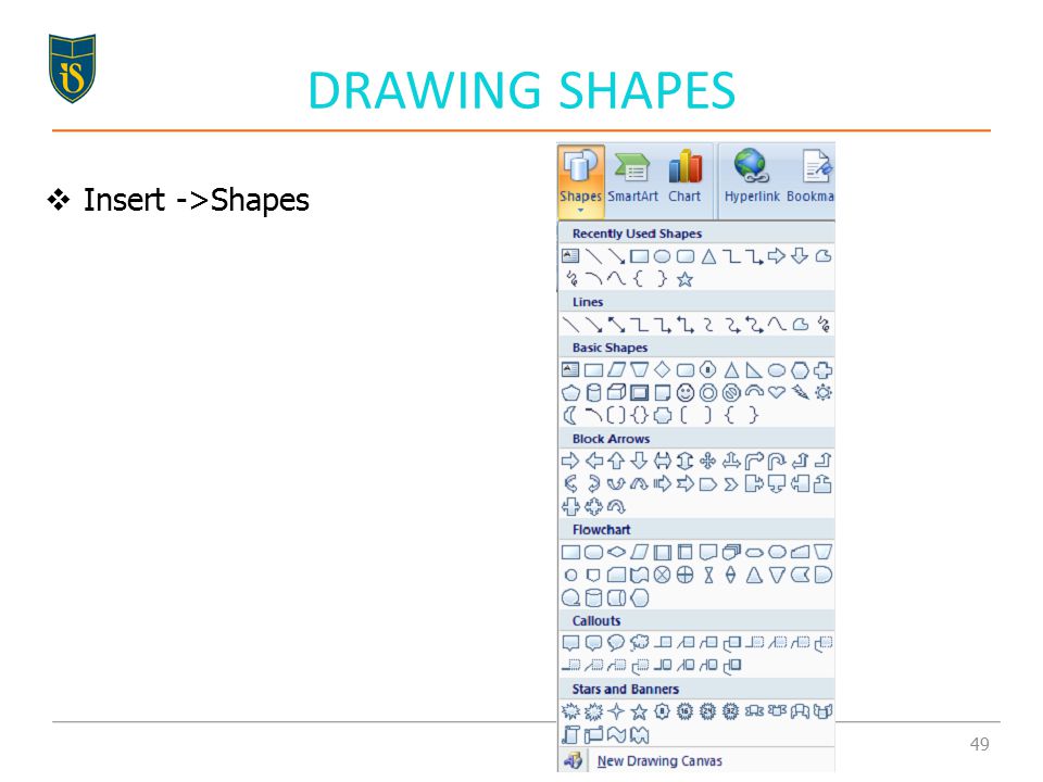DRAWING SHAPES  Insert ->Shapes 49